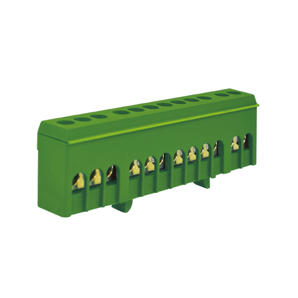 Barra asialda 70A riel DIN verde 12 polos, para riel DIN 35mm.