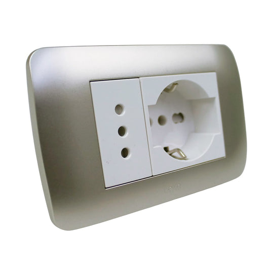 Toma corriente SCHUKO 10/16 más toma corriente 10A 250V plata armado