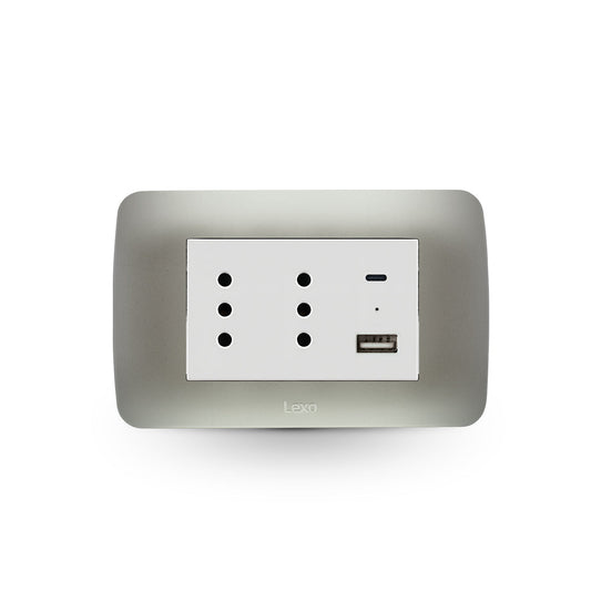 Toma de corriente DÚPLEX 10A más 2USB (Tipo A - Tipo C), 2.4A plata blanco armado