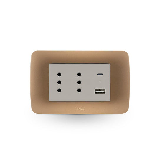 Toma de corriente DÚPLEX 10A más 2USB (Tipo A - Tipo C), 2.4A beige/titanio armado
