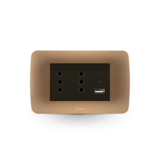 Toma de corriente DÚPLEX 10A más 2USB (Tipo A - Tipo C), 2.4A café/titanio armado