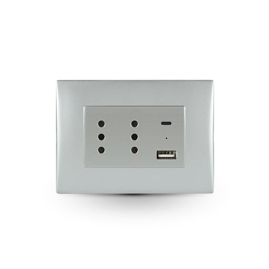 Toma corriente andes DÚPLEX 10A más 2USB (Tipo A - Tipo C), 2.4A SILVER armado